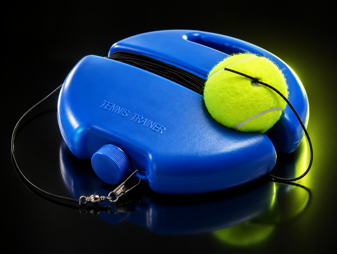 Tennis Trainer Pro blue solo tennis training base with tennis ball on elastic cord, three-quarter view