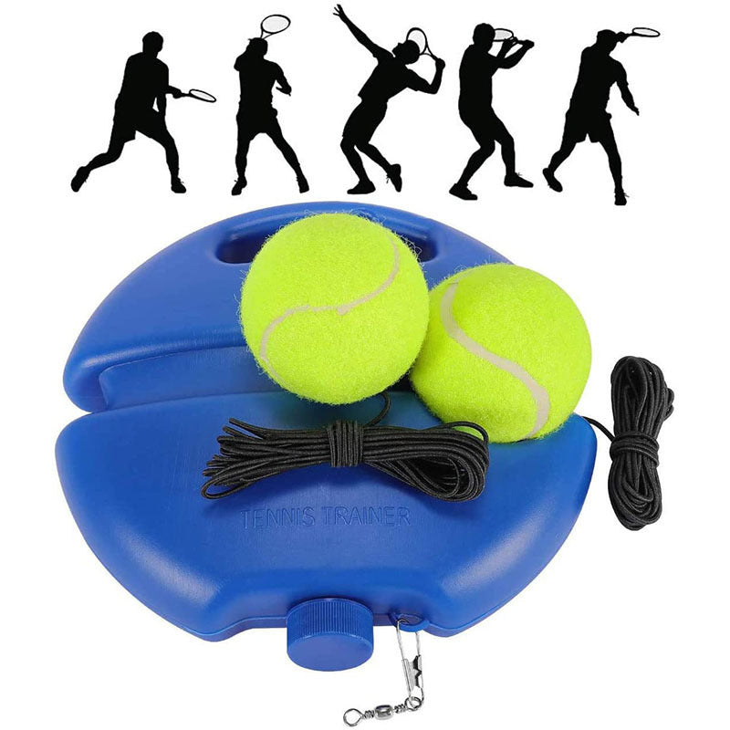 Solo tennis practice equipment set with two balls and ropes on a court with rebound feature