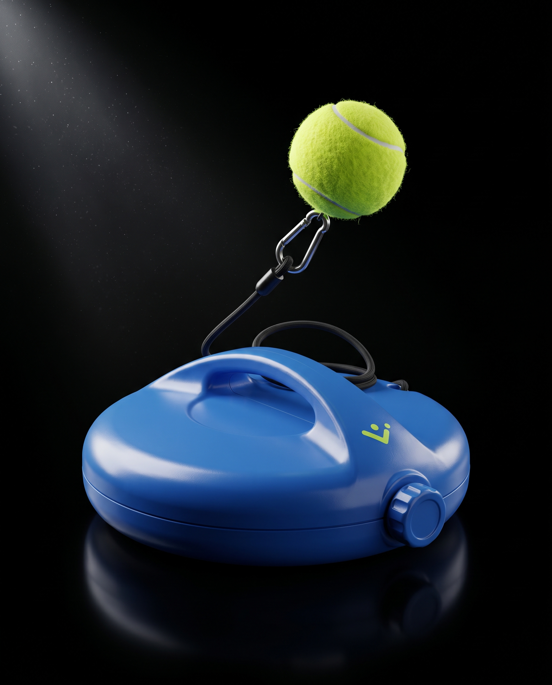 Tennis Trainer Pro portable solo tennis training base, blue, three-quarter view with tennis ball