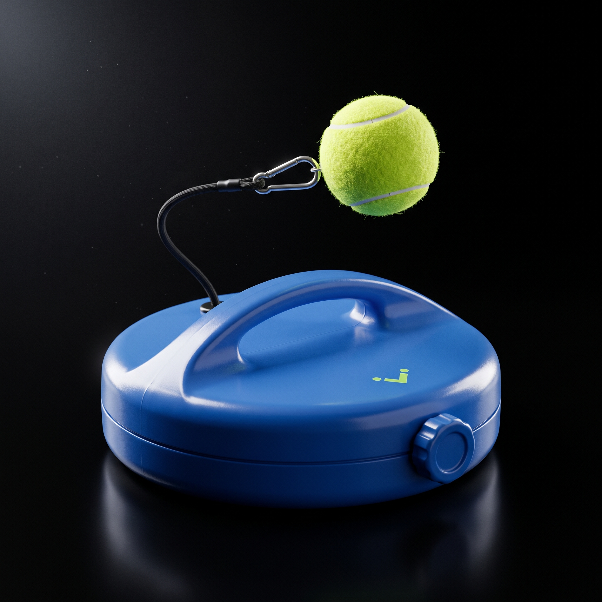 Tennis Trainer Pro blue training base with tennis ball and cord, front view