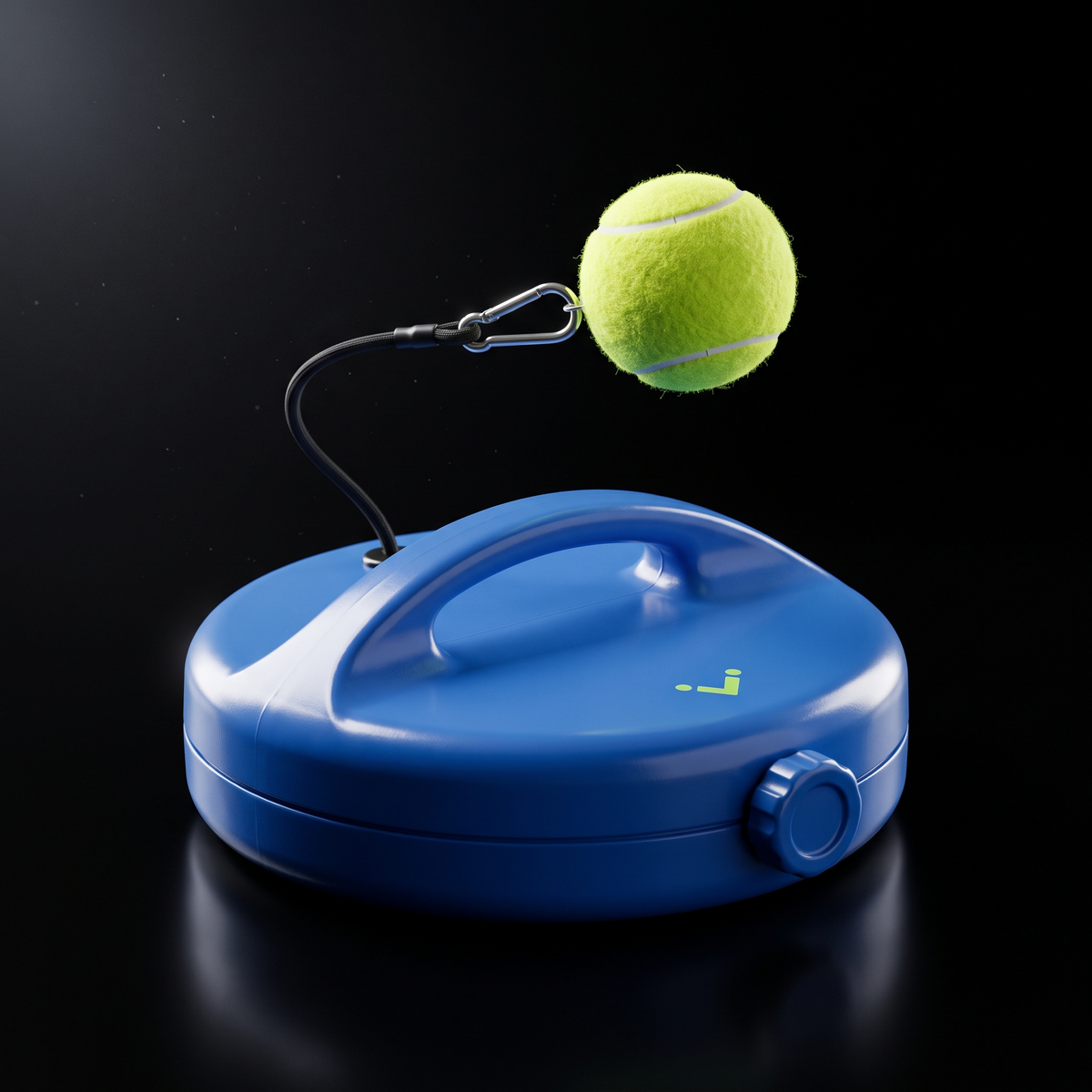 Tennis Trainer Pro blue training base with tennis ball and cord, front view